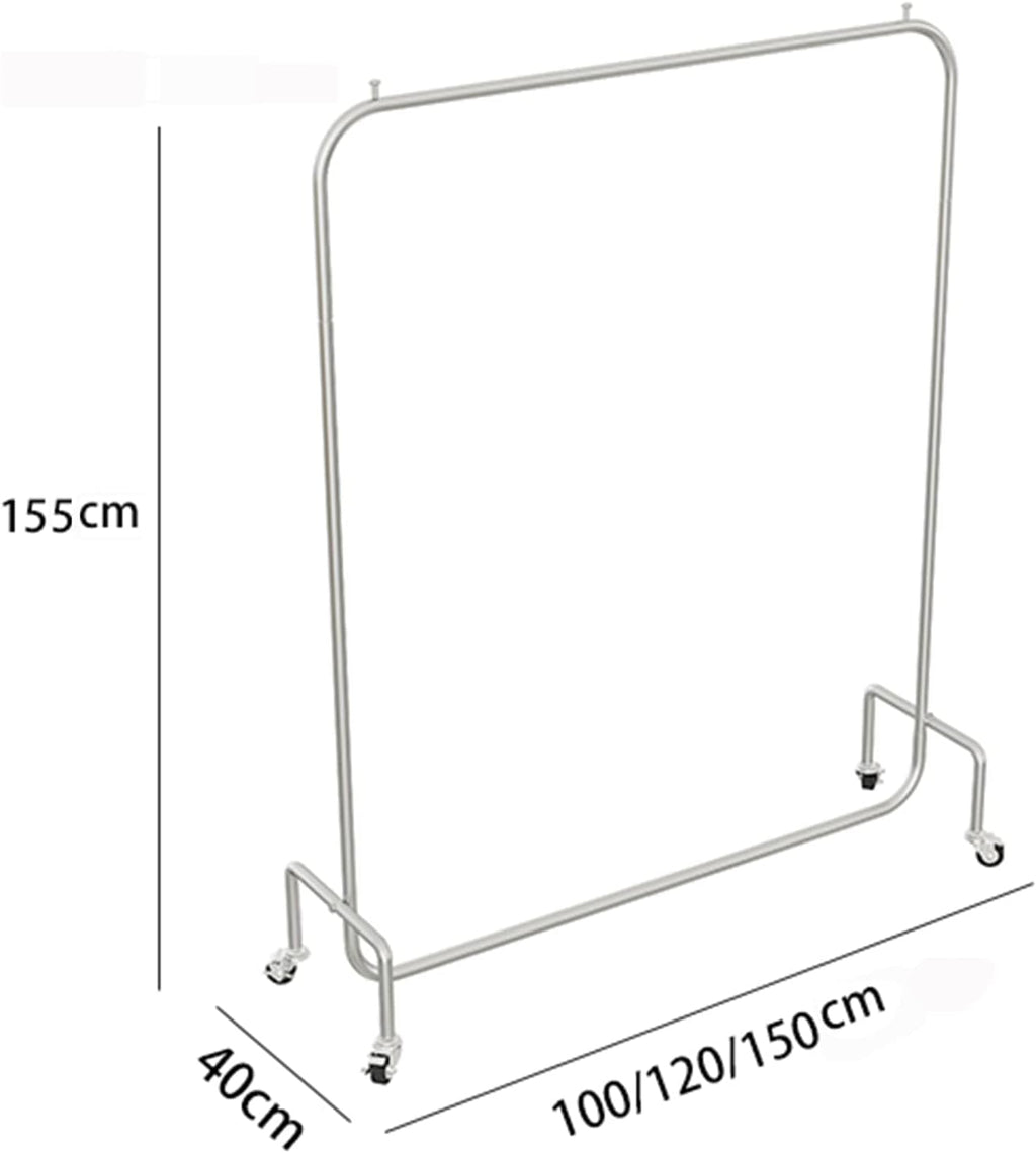 Heavy duty Garment rack Silver Stainless Steel Clothing Rack On Wheels Heavy Duty Clothes Rails For Bedrooms And Laundry Rooms Freestanding Hanger Single Rod Coat Rack Stand Holds 100 Kg ( 150X40X150
