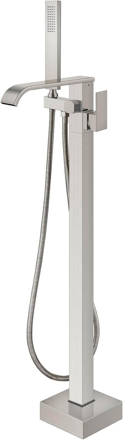 Aolemi Freestanding Bathtub Faucet Floor Mount Tub Filler with Handheld Spray Single Handle Free Standing Bathroom Faucets Swivel Curved Waterfall Spout Brushed Nickel
