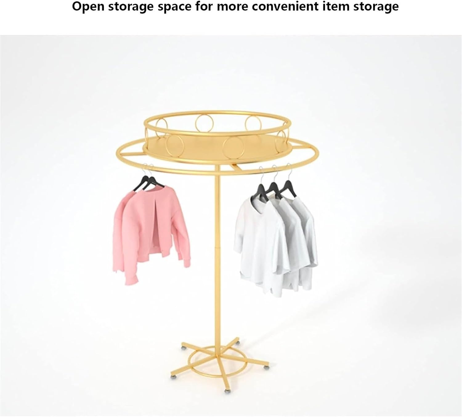 Metal Garment Rack with Top Shelf, Round, Floor Standing Clothing Display Stand, 360° Rotating, Multi-Purpose, for Bedroom Boutique Retail(Gold,70cm)