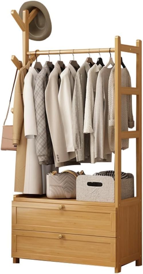 Open Wardrobe for Bedroom - Wooden Clothes Rail with Drawers, Free Standing Garment Rack, Style for Clothes Storage