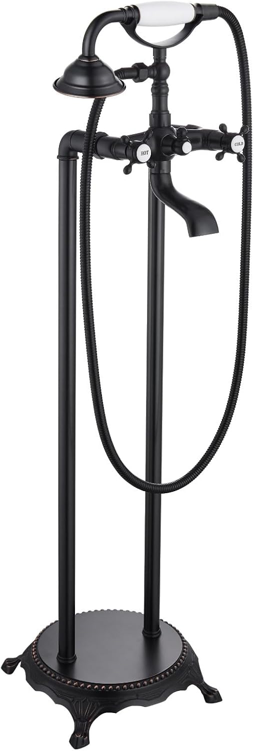 gotonovo Freestanding Bathtub Faucet Floor Mount Tub Filler with Double Cross Knobs 360° Rotation Spout High Flow Floor Standing Bathtub Shower Trumpet Shape Handheld Spray Oil Rubbed Bronze