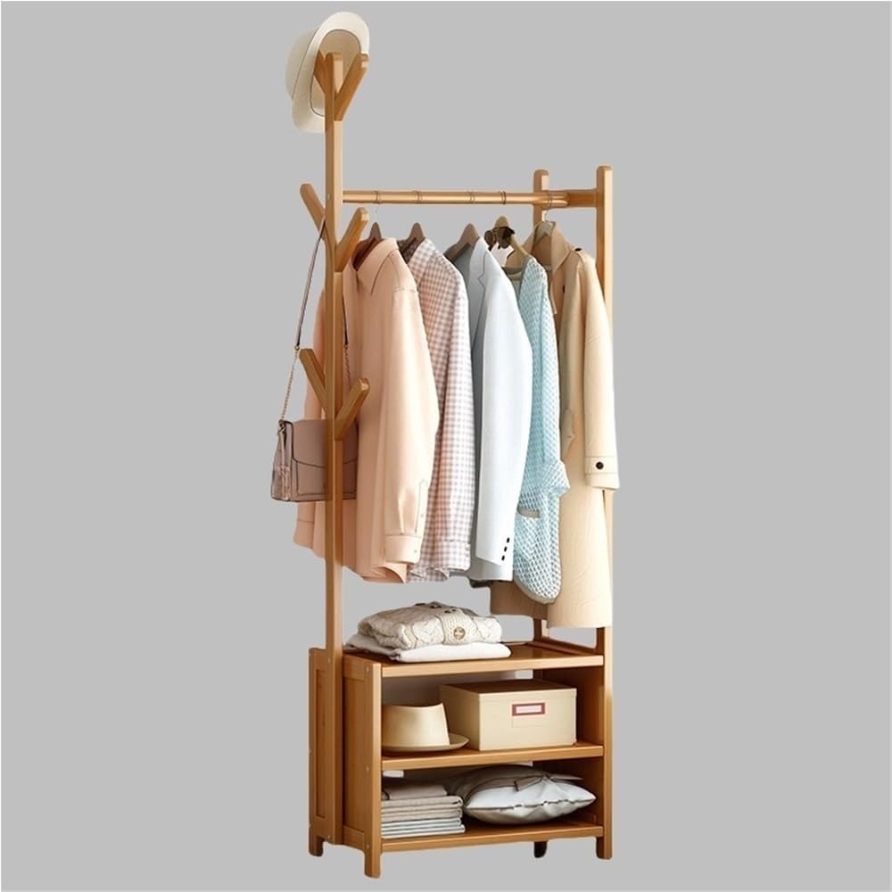 Wooden Clothes Rack with Storage & 6 Hooks, Freestanding Garment Rack for Bedroom, Dining Room, Dorm, Yellow, 19.7x11.8x65.2in - Stylish Coat nizer