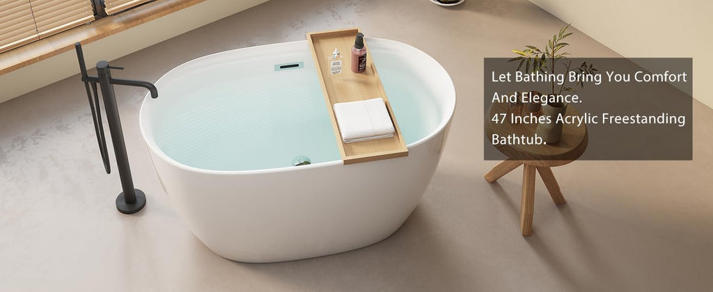 Favfurish 47' Acrylic Freestanding Bathtub,Oval Shape Soaking Stand Alone Tubs,With Chrome Overflow and Pop-Up Drain,Contemporary Bathroom Deep Furniture w/Slotted Overflow,Easy Installation,White