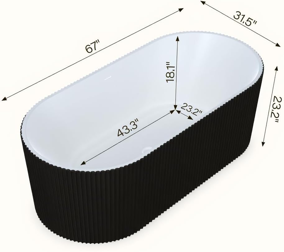 GarveeTech 67' Freestanding Acrylic Bathtub - Luxury Soaking Tub with Overflow Drain, CUPC Certified, Pleated Design, Black, Easy Installation for Modern Bathroom