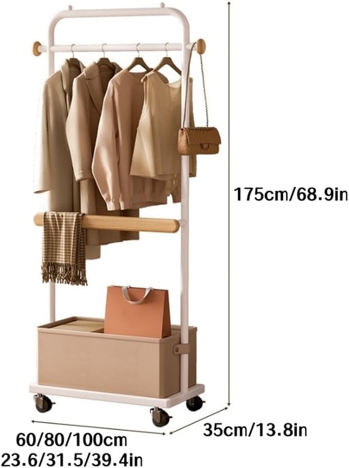 Modern Metal Coat Rack with Wheels, Freestanding Garment Rack with Storage Box, Multifunctional Clothes Rack for Living Room, Bedroom, Entryway and Office(Black,80cm/31.5in)