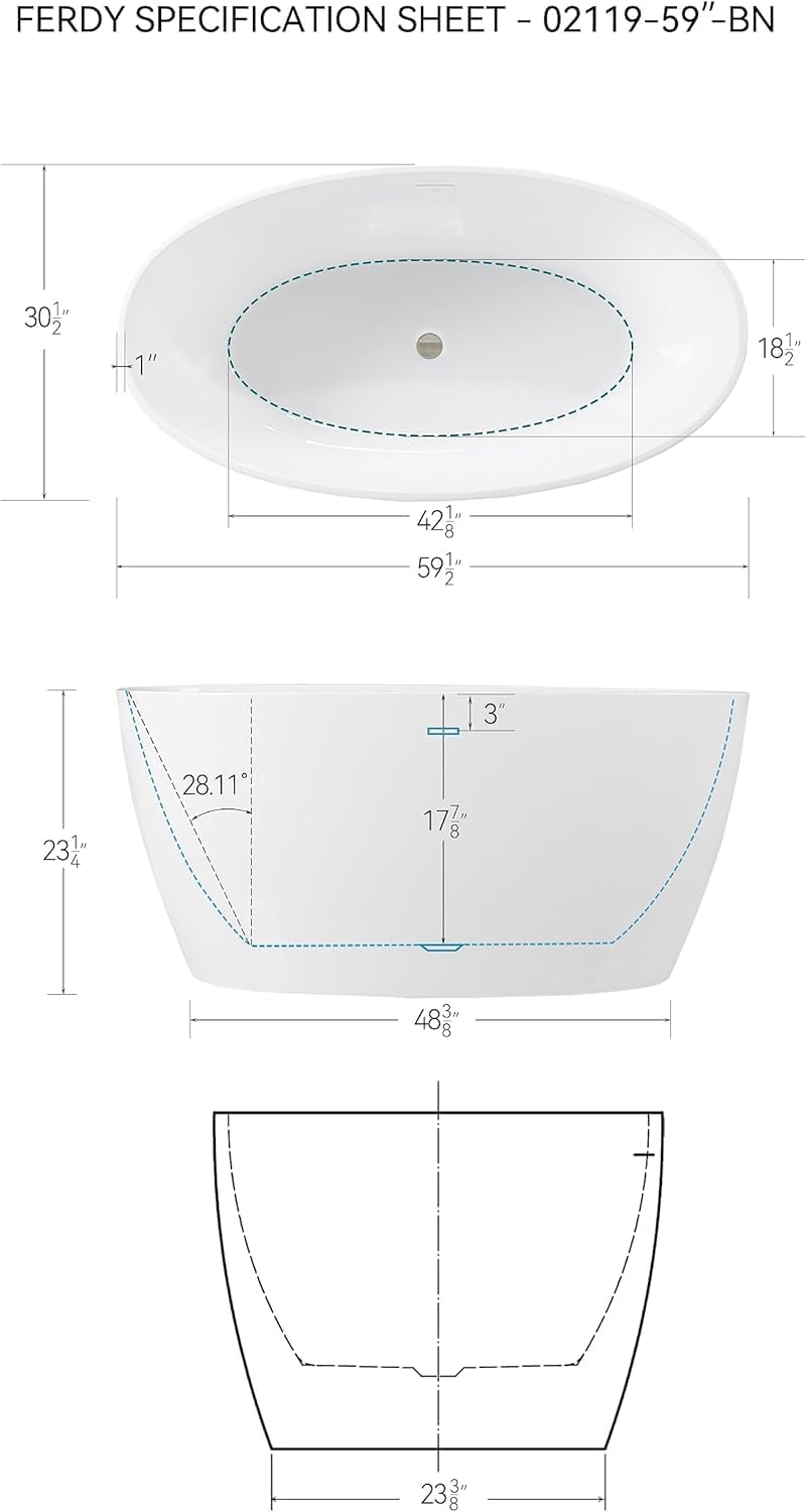 FerdY 59' Acrylic Freestanding Bathtub, Contemporary Soaking tub with Brushed Nickel Drain & Overflow, Elegant Oval Shape, cUPC Certified, Tahiti
