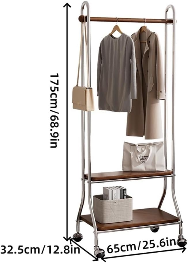 Metal Coat Rack with 2 Shelves Storage, Modern Solid Wood Hanging Rod Clothes Rack, Movable Freestanding Garment Rack for Entryway, Bedroom or Living Room(Black)