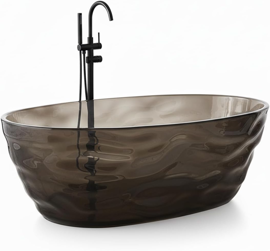 Cpingao 66' Resin Transparent Freestanding Bathtub, Contemporary Oval Stand Alone Tubs, Translucent Resin Freestanding Bath Tub 1670 MM with Drain Black 8851-1700-BK