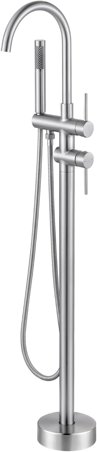 Freestanding Tub Filler Faucet, Floor Mount Brushed Nickel Bathtub Faucet with Single Handheld Shower, Brass Shower Tub Faucet Set Complete, Bathtub Faucet with Shower