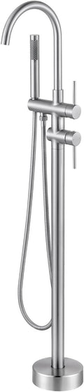 Freestanding Tub Filler Faucet, Floor Mount Brushed Nickel Bathtub Faucet with Single Handheld Shower, Brass Shower Tub Faucet Set Complete, Bathtub Faucet with Shower