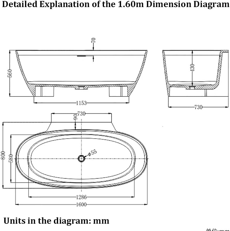 Ergonomic Luxury Spa Bathtub, Oval-Shaped Transparent Resin Tub with Drain, Handcrafted Extra-Deep Tub, Modern Spa Bathroom, 55-70 Inches,A l160cm