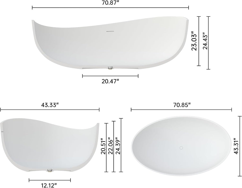 71' Premium Solid Surface Freestanding Bathtub, Unique Oval Stone Resin Tub with Overflow and Pop-up Drain, Matte White