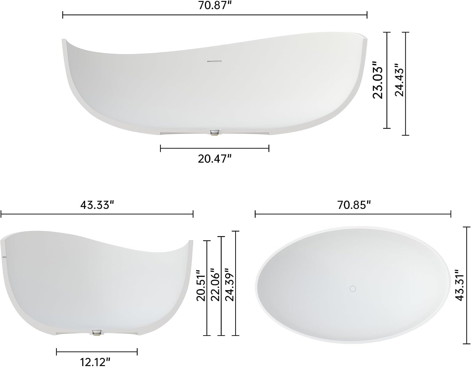 71' Premium Solid Surface Freestanding Bathtub, Unique Oval Stone Resin Tub with Overflow and Pop-up Drain, Matte White
