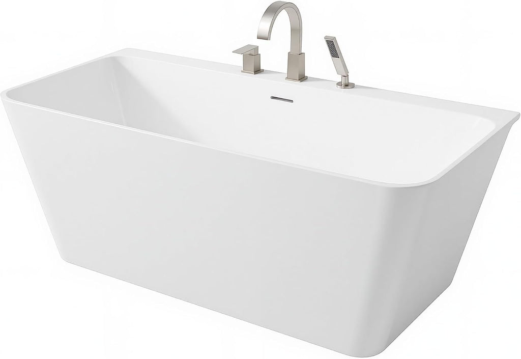 Vault Series 59 in. x 30 in. Flat Bottom Acrylic Freestanding Soaking Bathtub with Center Drain, Brushed Nickel Faucet
