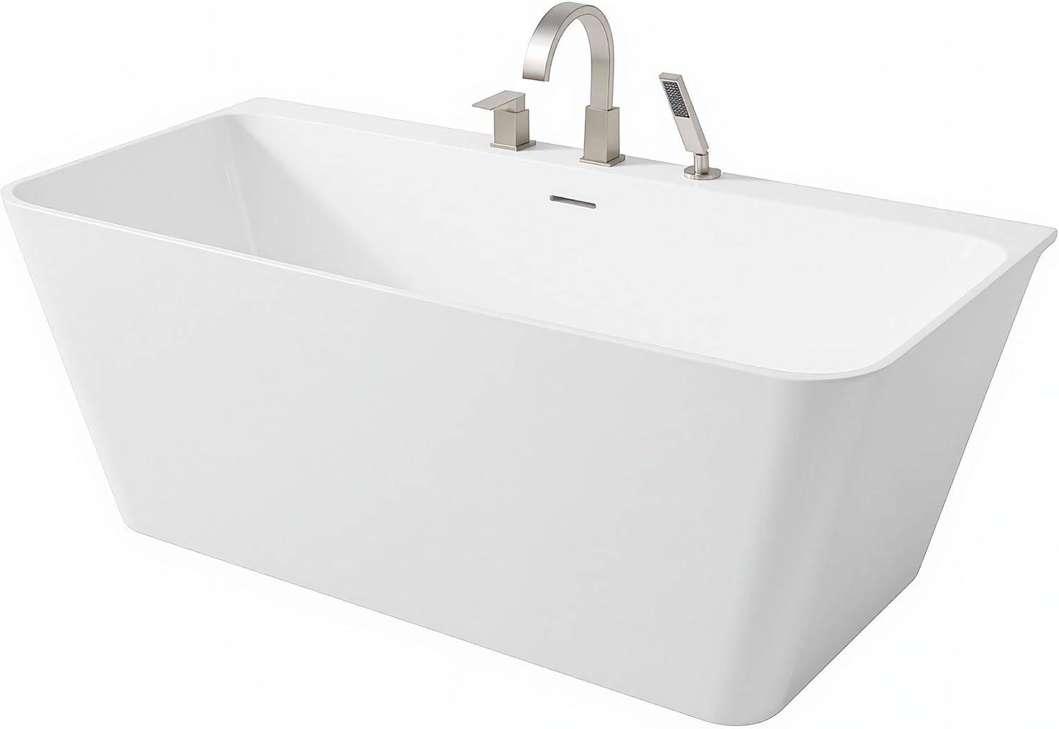 Vault Series 59 in. x 30 in. Flat Bottom Acrylic Freestanding Soaking Bathtub with Center Drain, Brushed Nickel Faucet
