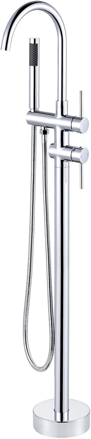 Freestanding Tub Filler Faucet, Floor Mount Chrome Bathtub Faucet with Single Handheld Shower, Brass Shower Tub Faucet Set Complete, Bathtub Faucet with Shower