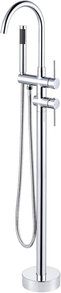 Freestanding Tub Filler Faucet, Floor Mount Chrome Bathtub Faucet with Single Handheld Shower, Brass Shower Tub Faucet Set Complete, Bathtub Faucet with Shower