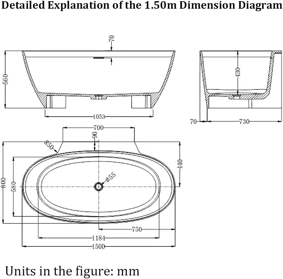 Ergonomic Luxury Spa Bathtub, Oval-Shaped Transparent Resin Tub with Drain, Handcrafted Extra-Deep Tub, Modern Spa Bathroom, 55-70 Inches,B l150cm