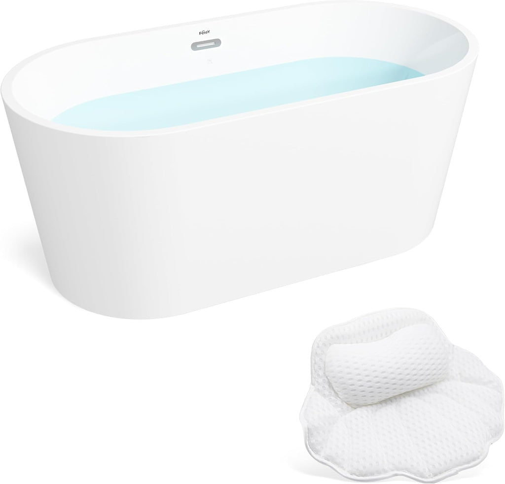FerdY Luzon 55' Acrylic Freestanding Bathtub, Classic Oval Shape Soaking Bathtub with Toe-Tap Chrome Drain & Bath Pillow for Bathtub,Thick Tub Pillows, Breathable 4D Air Mesh