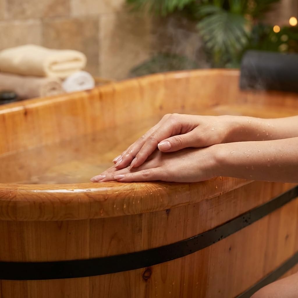 55 In Cedar Wood Bathtub for Adults, Wave-Base Water-Saving Wooden Bath Tub, Eco-Friendly Solid Wood Bath Barrel, Premium Sauna Wood Bath Tub for Home and Commercial Use
