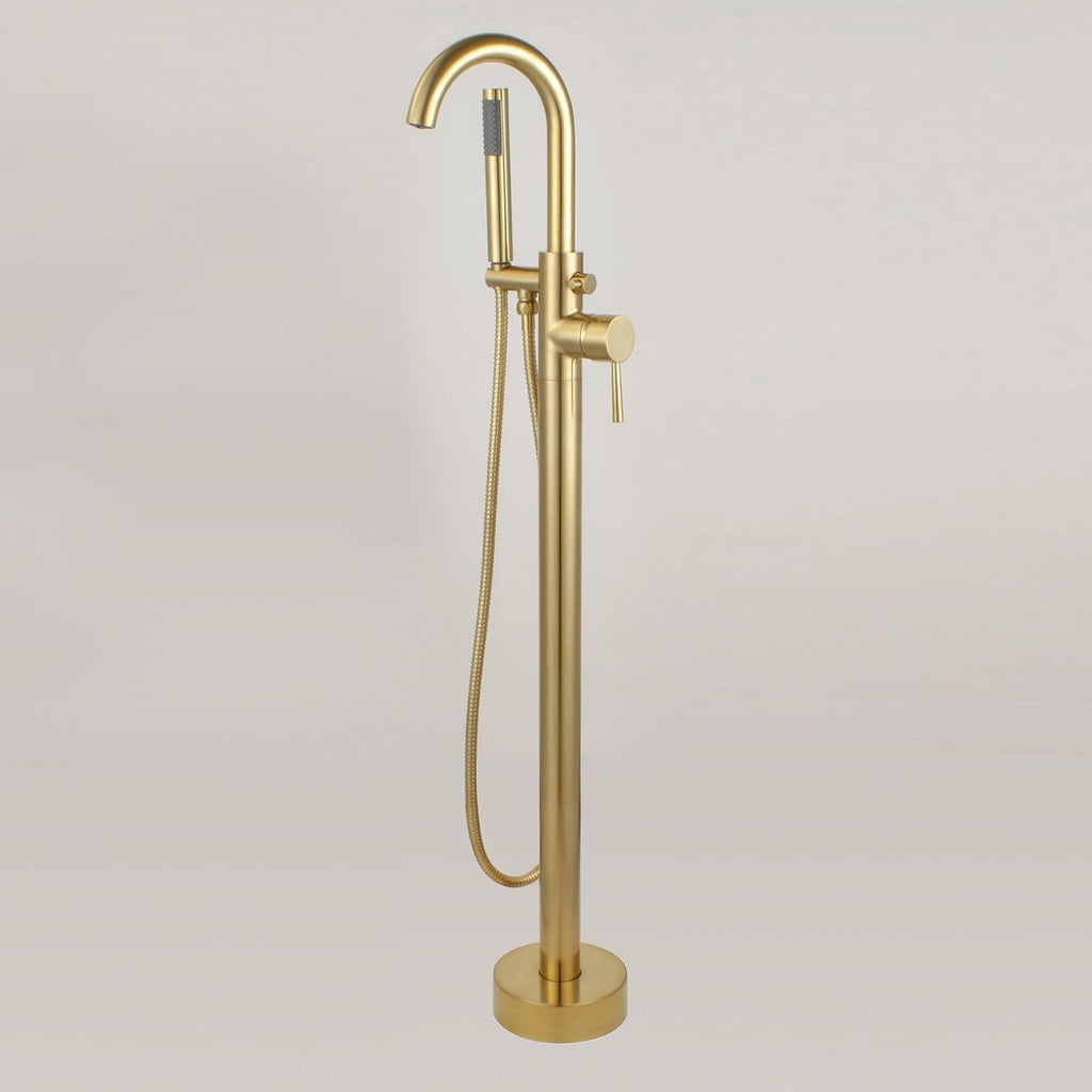 WOODBRIDGE F0007 BG Freestanding Tub Filler Bathtub Floor Mount Brass Bathroom Faucets with Hand Shower, F-0007 Golden, Brushed Gold