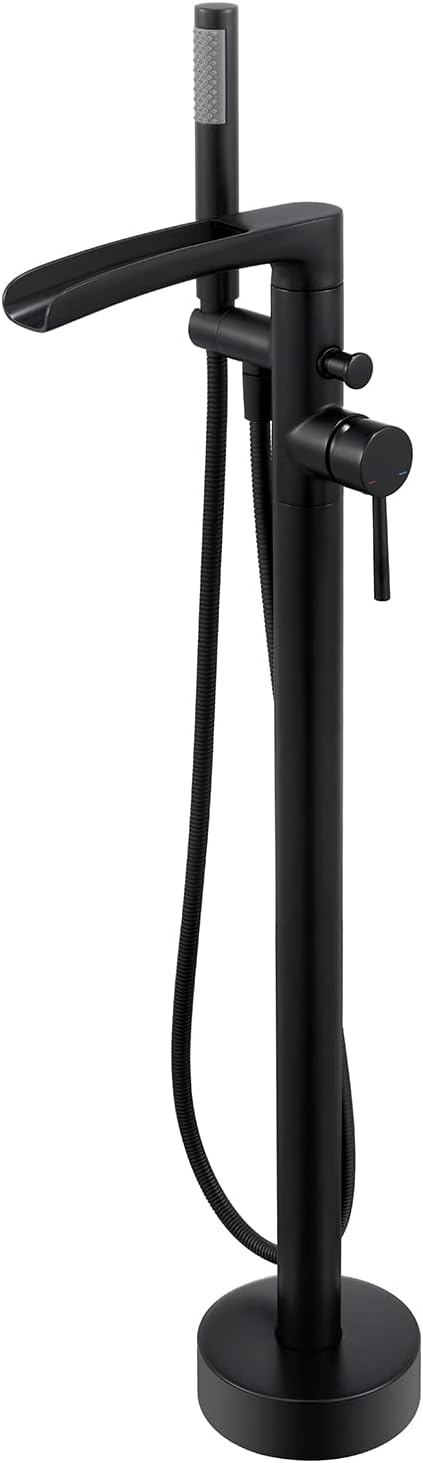 Wowkk Waterfall Freestanding Bathtub Faucet Black Floor Mount Tub Filler Brass Single Handle Bathroom Faucets with Hand Shower