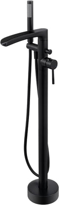 Wowkk Waterfall Freestanding Bathtub Faucet Black Floor Mount Tub Filler Brass Single Handle Bathroom Faucets with Hand Shower