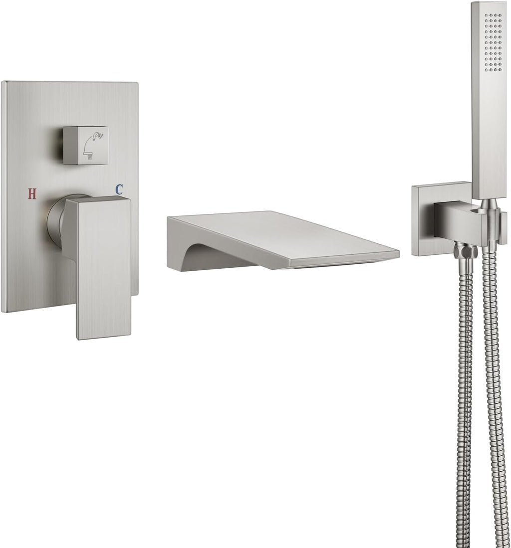Aolemi Wall Mount Bathtub Faucet,Tub Faucet Set Waterfall Wall Mounted Tub Filler with Handheld Sprayer Single Handle,Brushed Nickel
