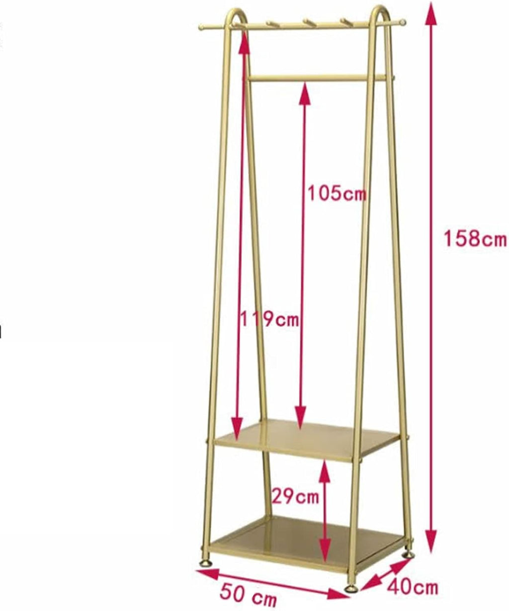Heavy duty Garment rack Multipurpose Clothing Rack With 4 Hooks And 2 Tier Shelves Freestanding Coat Rack For Bedrooms And Small Spaces Metal Clothes Rail And Clothes Organizer, Gold, 50x40x158CM