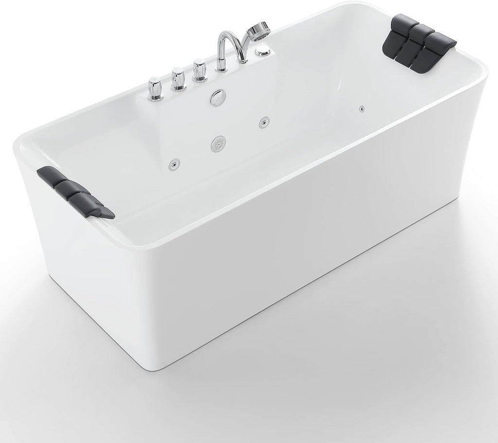 59 in. Acrylic Freestanding Bath Tub Hydromassage Gracefully Rectangle Shaped 8 Water Jets Soaking SPA, Double-Ended Massage Bathtubs with Two Black Pillows , White