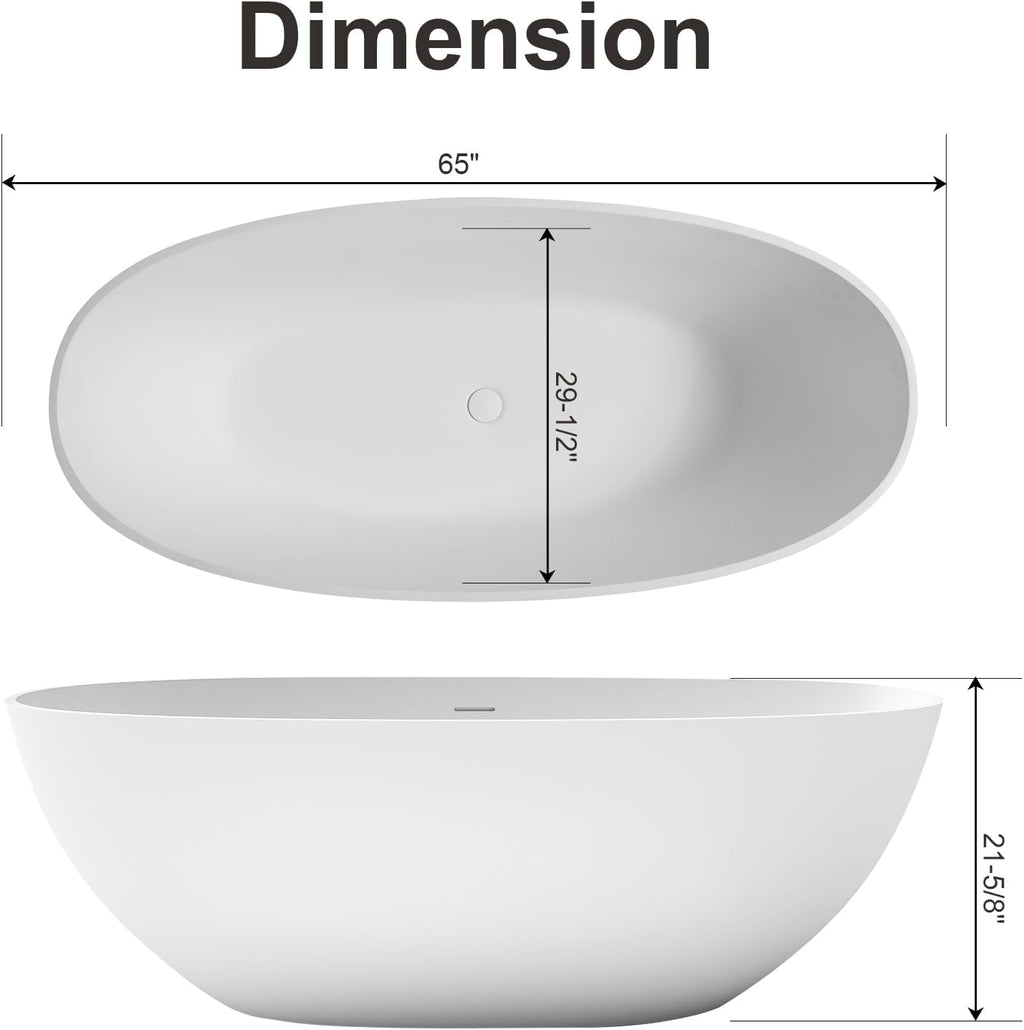 Zevemomo 65 Inch Stone Resin Freestanding Bathtub, Modern Oval Soaking Bathtubs Tubs, Contemporary Solid Surface Bathtubs with Overflow and Pop-up Drain, Matte White
