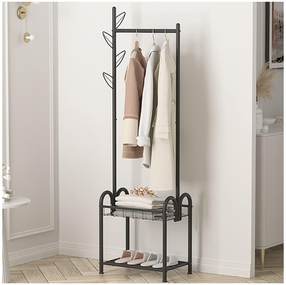 3-in-1 Hall Tree Coat Rack with Bench & 2 Shelves, Free-Standing Garment Stand, Steel Frame for Entryway(Black,50 * 33 * 183cm)