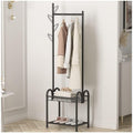 3-in-1 Hall Tree Coat Rack with Bench & 2 Shelves, Free-Standing Garment Stand, Steel Frame for Entryway(Black,50 * 33 * 183cm)