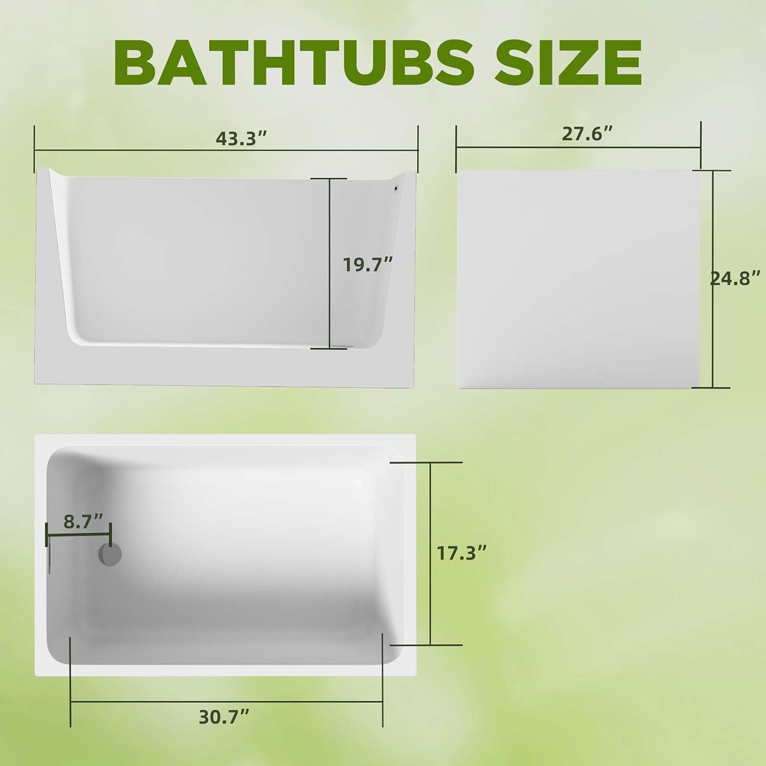 43' Acrylic Freestanding Tub, Square Shape Soaking Bathtub with Chrome Overflow and Left Drain, Free Standing Acrylic Tubs White