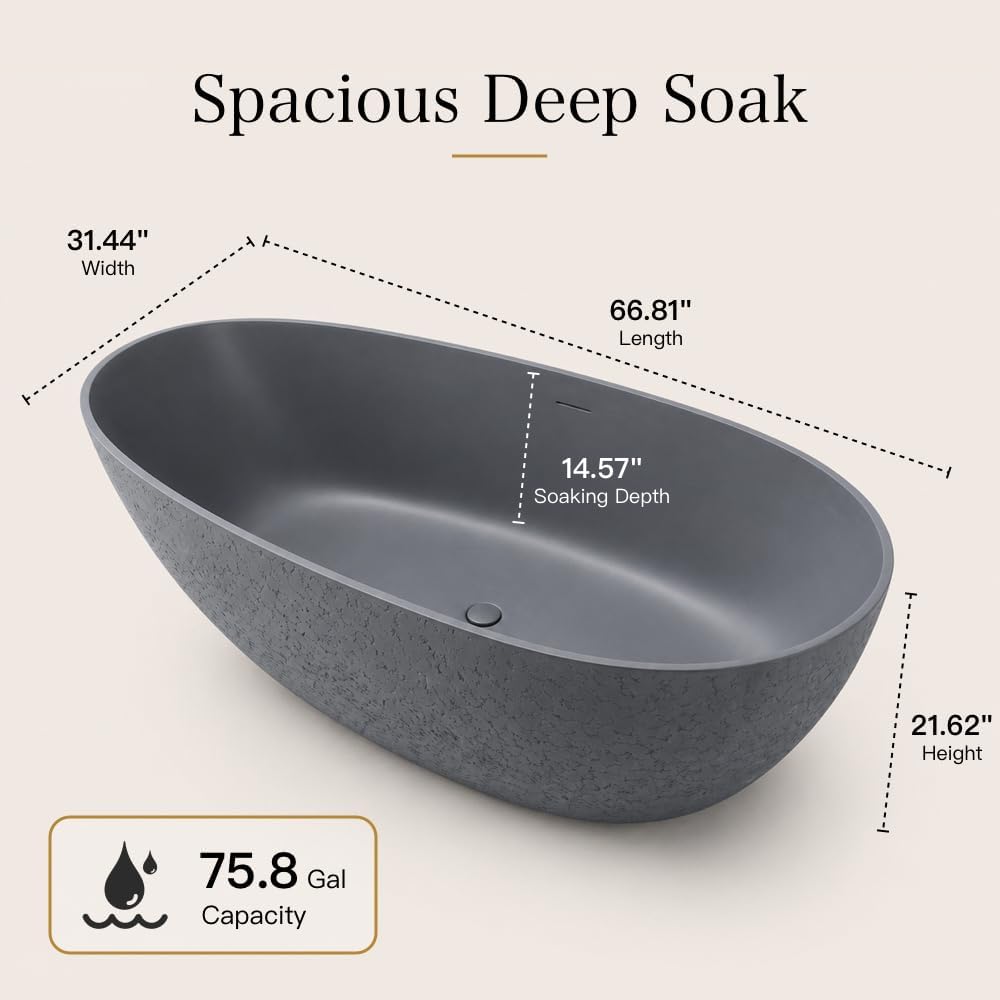 67' Stone Resin Luxury Contemporary Solid Surface Freestanding Bathtub in Cement Point Treatment Oval Tub