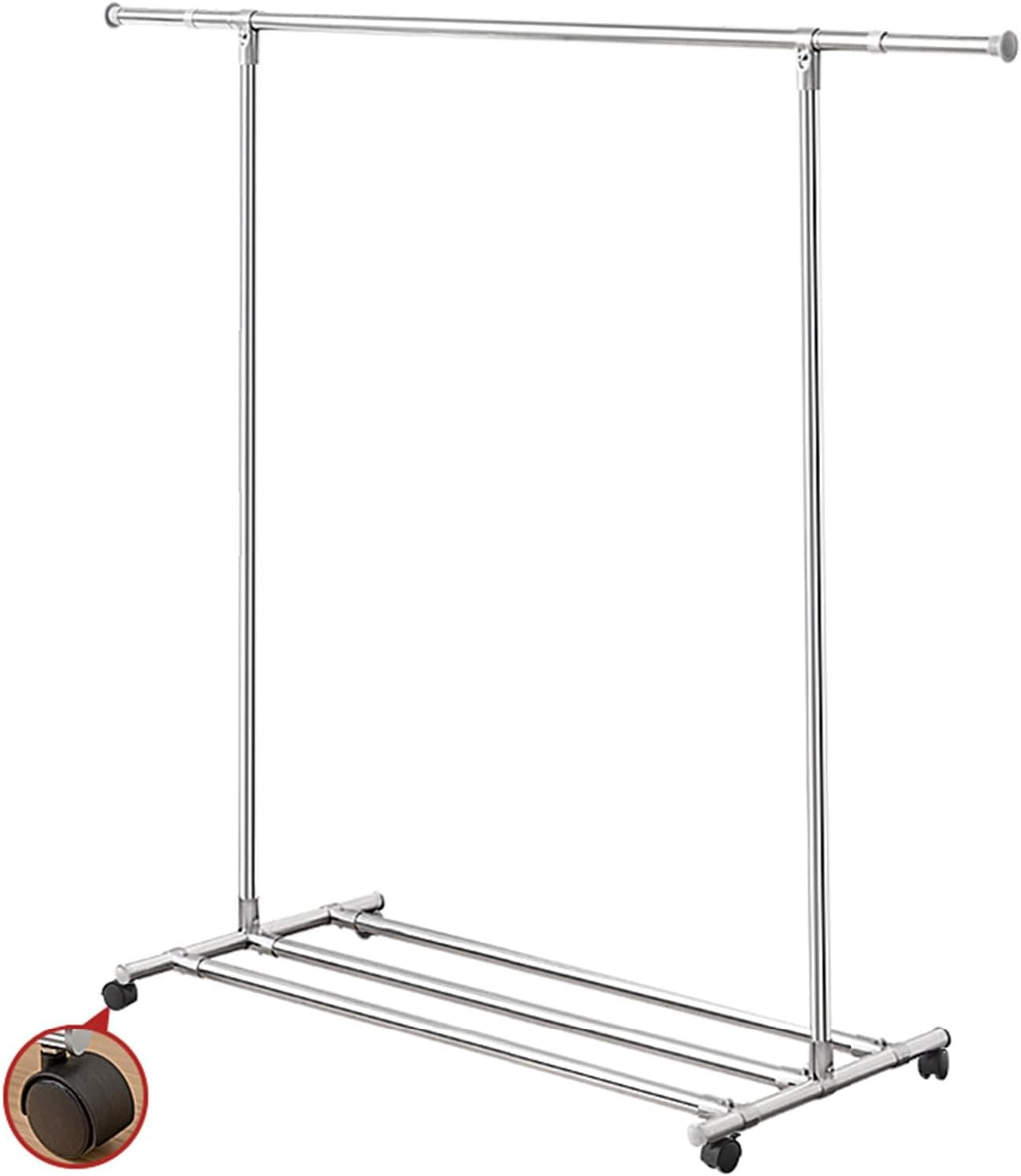 Extendable Steel Clothing Garment Rack with Wheels, Telescopic Rod, Rolling Clothes Rack for Bedroom, Laundry Room, Clothes Rail with Bottom Shelf and 4 Wheels, Load Capacity 80kg