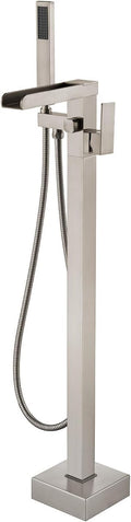 Wowkk Freestanding Bathtub Faucet Waterfall Tub Filler Brushed Nickel Floor Mount Brass Single Handle Bathroom Faucets with Hand Shower