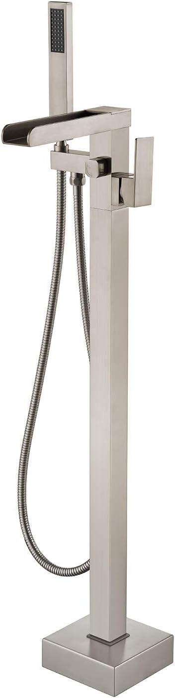Wowkk Freestanding Bathtub Faucet Waterfall Tub Filler Brushed Nickel Floor Mount Brass Single Handle Bathroom Faucets with Hand Shower
