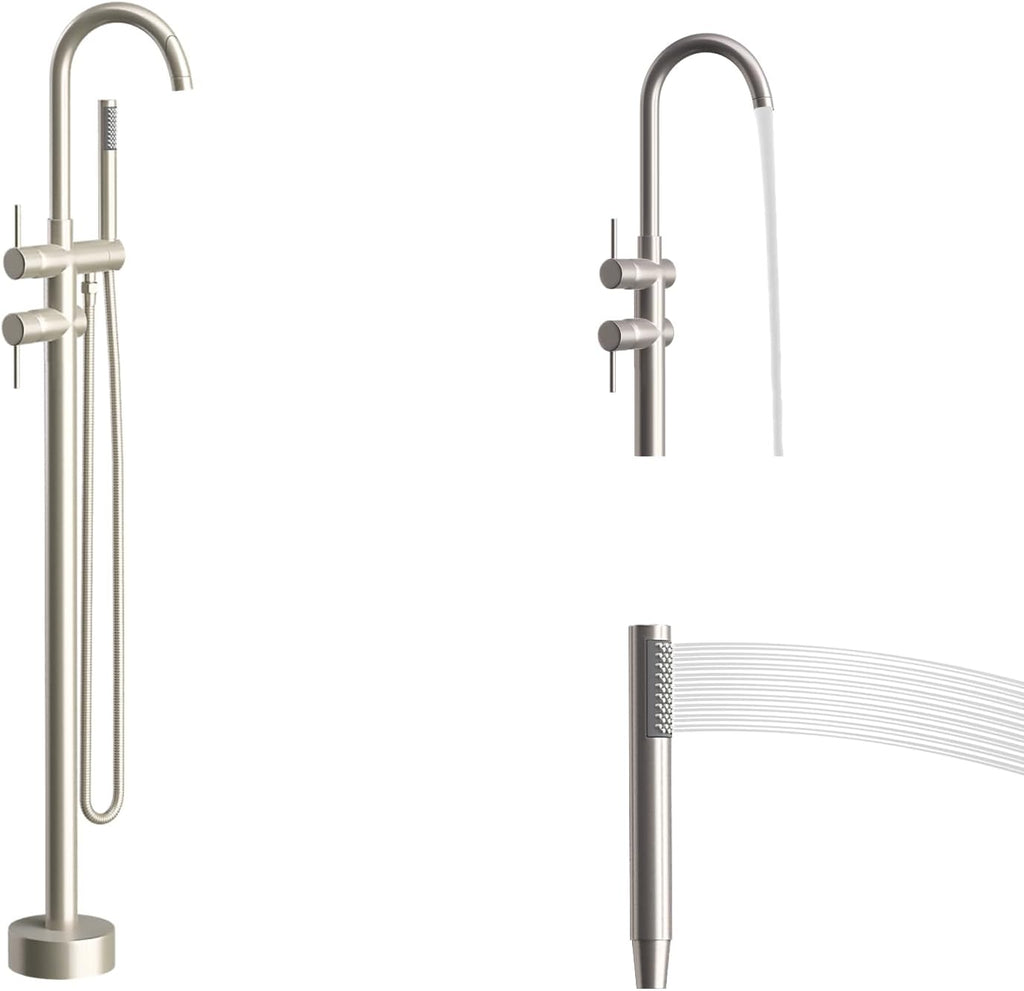 Freestanding Bathtub Faucet,Tub Filler Floor Mount Stand Bathtub Faucet Brass Bathroom Tub Faucets with 2 Function Hand Shower Wand Swivel Brushed Nickel
