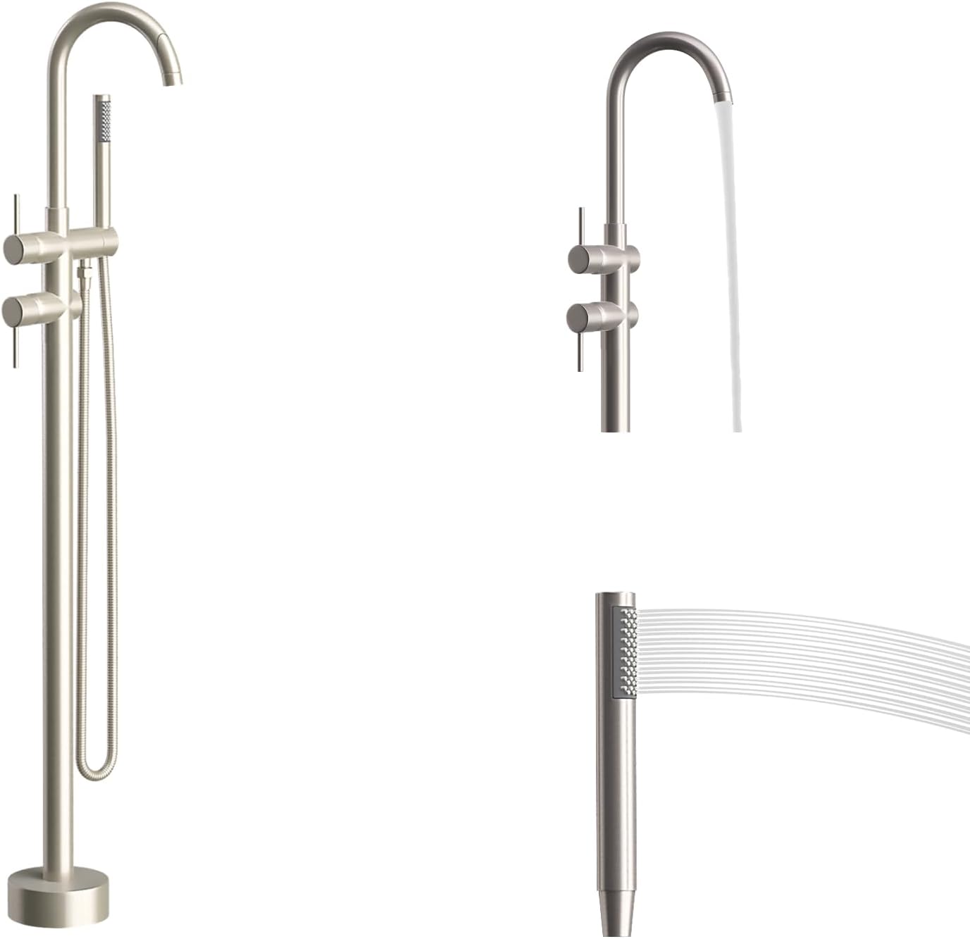 Freestanding Bathtub Faucet,Tub Filler Floor Mount Stand Bathtub Faucet Brass Bathroom Tub Faucets with 2 Function Hand Shower Wand Swivel Brushed Nickel