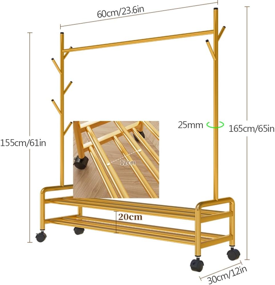 Garment Rack with Wheels, Rolling Clothes Organizer with Side Hooks and 2-Tier Storage Shelves for Bedroom, Laundry Room, Living Room