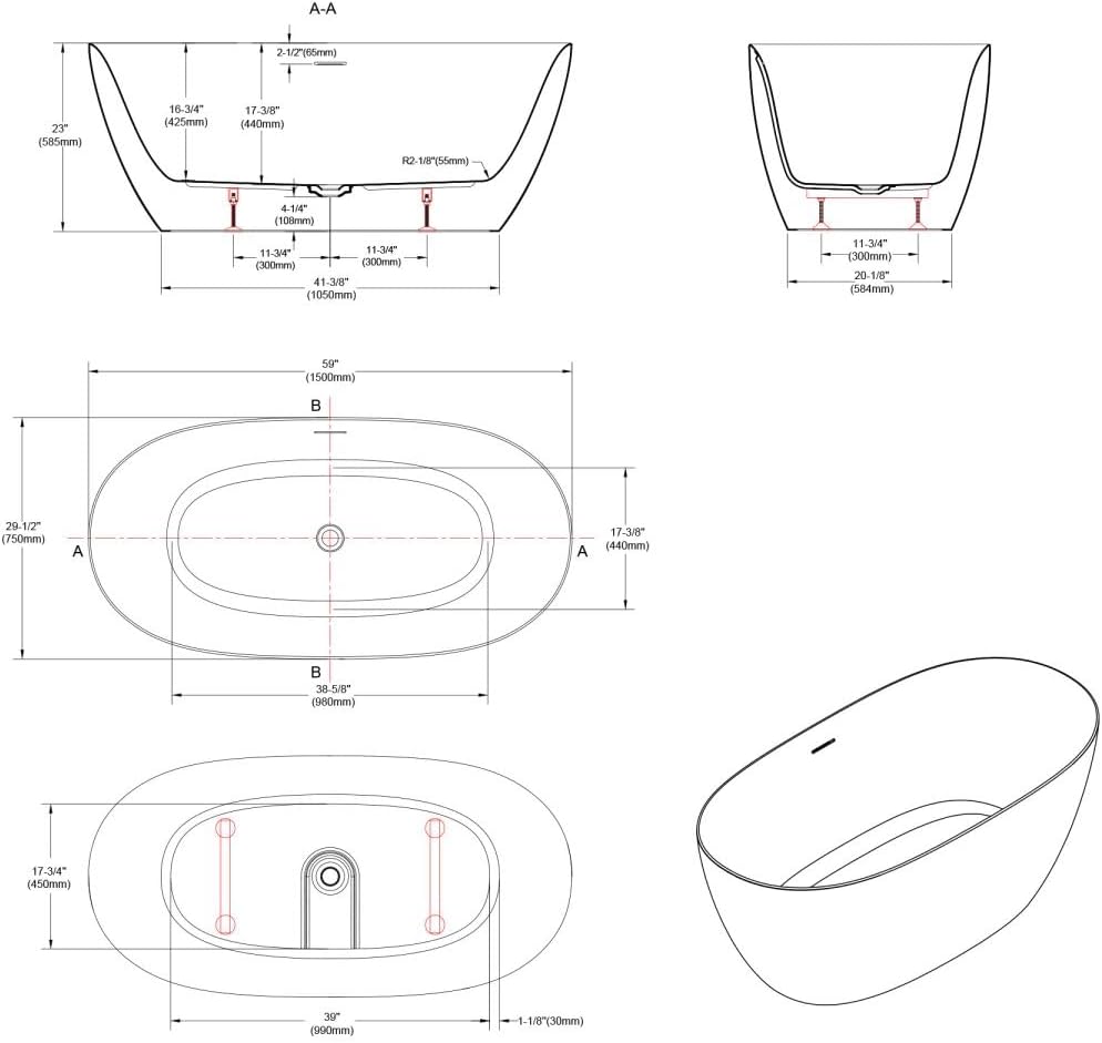 Dowell 59' x 30' Modern Acrylic Freestanding Bathtub | Elegant Oval Soaking Tub with Integrated Overflow for Bathroom, Matte Black-080 5930 02