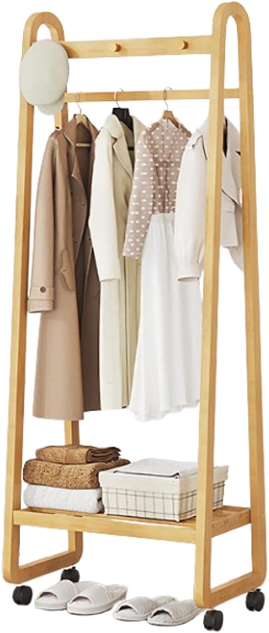 Bamboo Clothes Rack Freestanding Coat Rack Stand Portable Clothing Rack w/Storage Shelf and Hanging Rod Rolling Garment Rack w/Wheels for Entryway