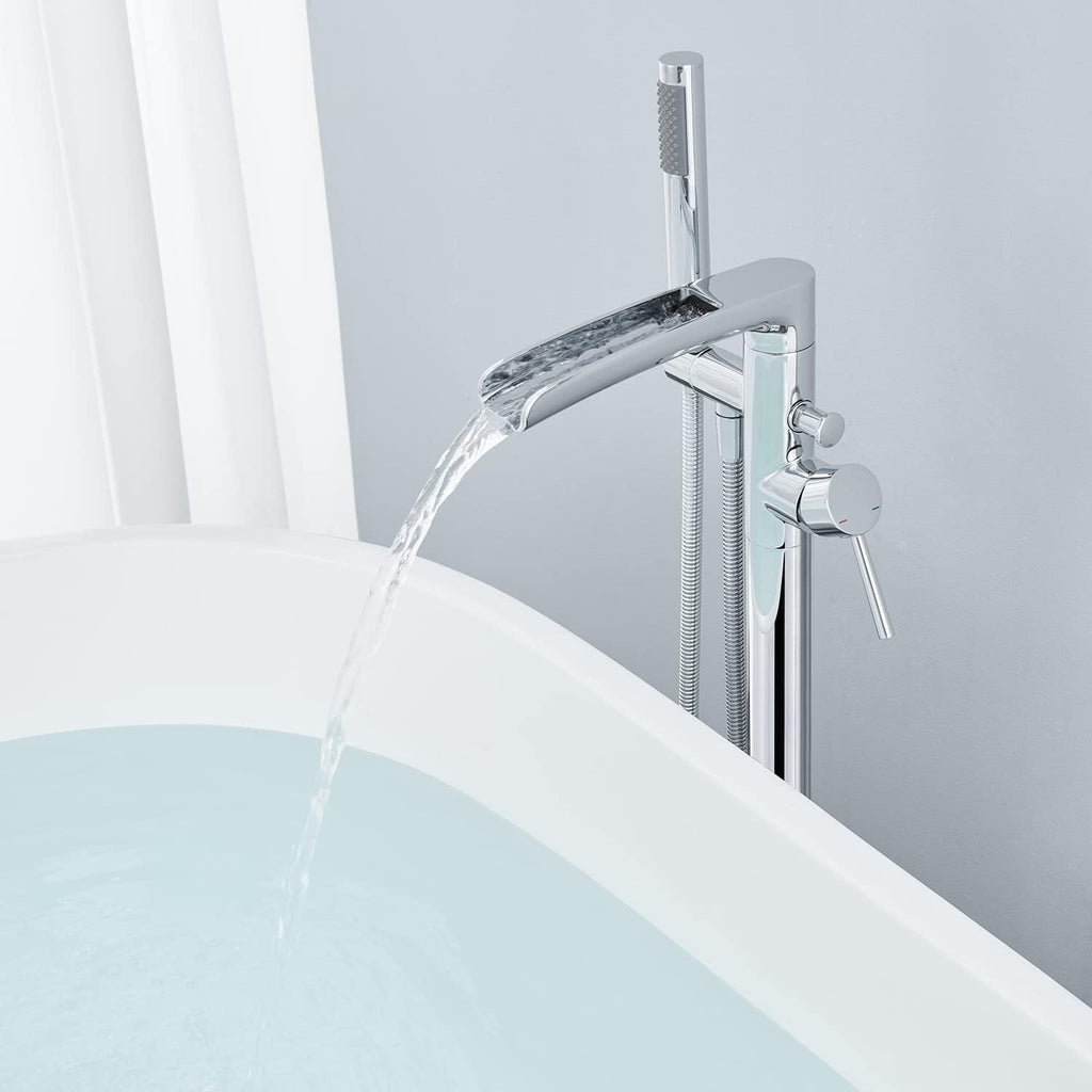 Wowkk Waterfall Freestanding Bathtub Faucet Chrome Floor Mount Tub Filler Brass Single Handle Bathroom Faucets with Hand Shower