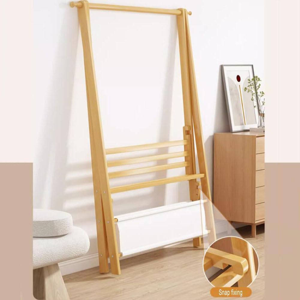 zktoermn Foldable Floor Mounted Coat Rack, with Large Storage Bag Clothes Organizer Stand 2-in-1 Freestanding Garment Rack for Bedroom, Laundry Room, Living-Room (Color : Natural, Size : 86x40x159cm)