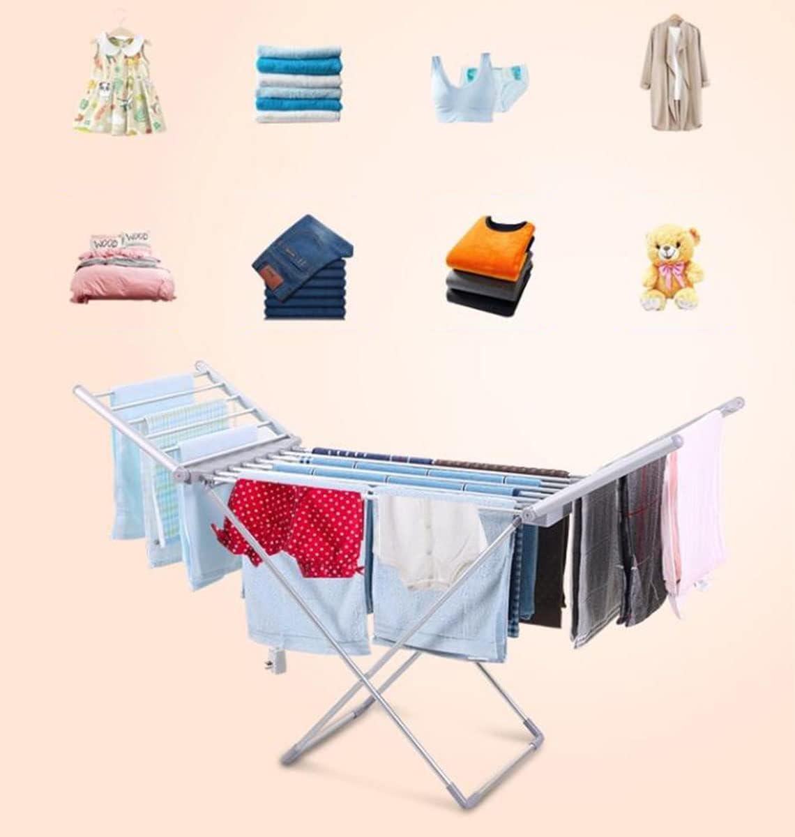 Clothes Drying Rack Electric Heated Laundry Rack Folding Collapsible Gullwing Clothing Drying Stand Free-Standing Heating Garment Dryer Towel Rail Space Saving for Home Indoor/Outd