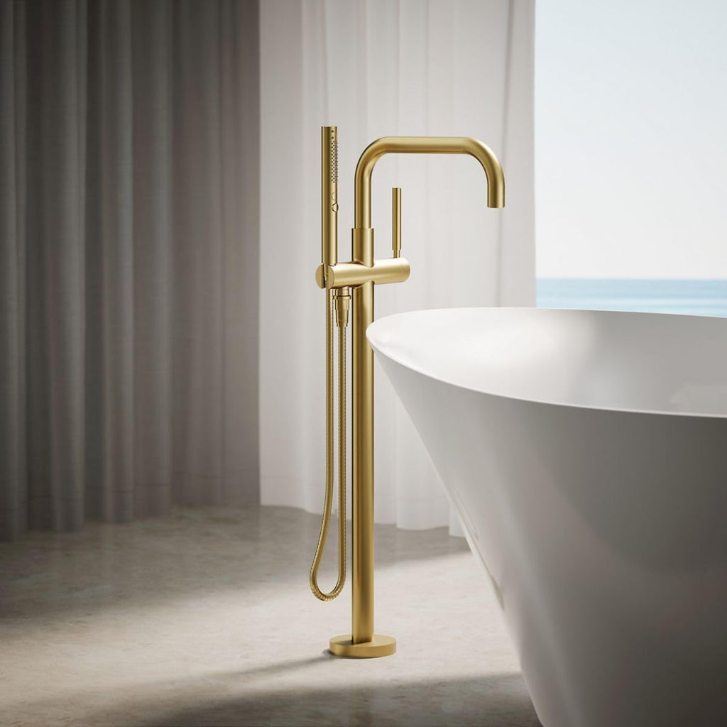 KOHLER T97328-4-2MB Purist Floor-Mount Bath Filler Trim with Handshower, Single Lever Handle Bathtub Faucet, 1.75 GPM Handshower, Vibrant Brushed Moderne Brass