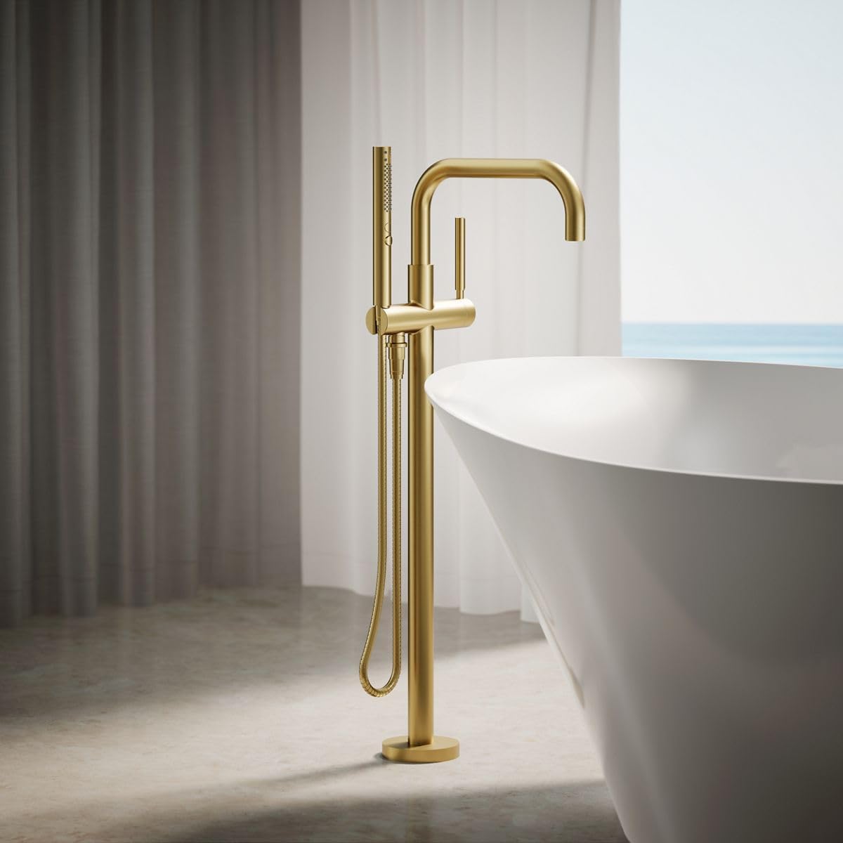 KOHLER T97328-4-2MB Purist Floor-Mount Bath Filler Trim with Handshower, Single Lever Handle Bathtub Faucet, 1.75 GPM Handshower, Vibrant Brushed Moderne Brass