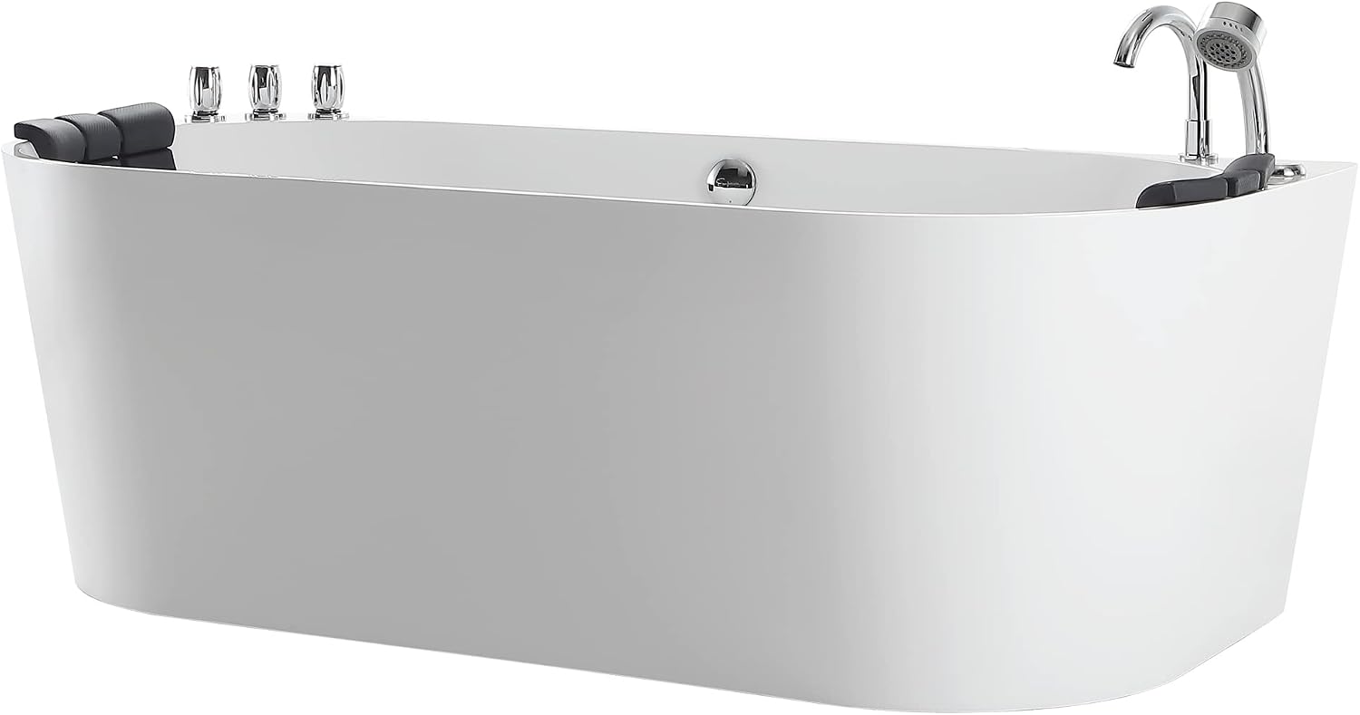 Empava 71' Freestanding Whirlpool Bathtub Oval with 8 Hydromassage Adjustable Water Jets Luxury Acrylic Massage SPA Soaking Bath Tub in White Double Ended