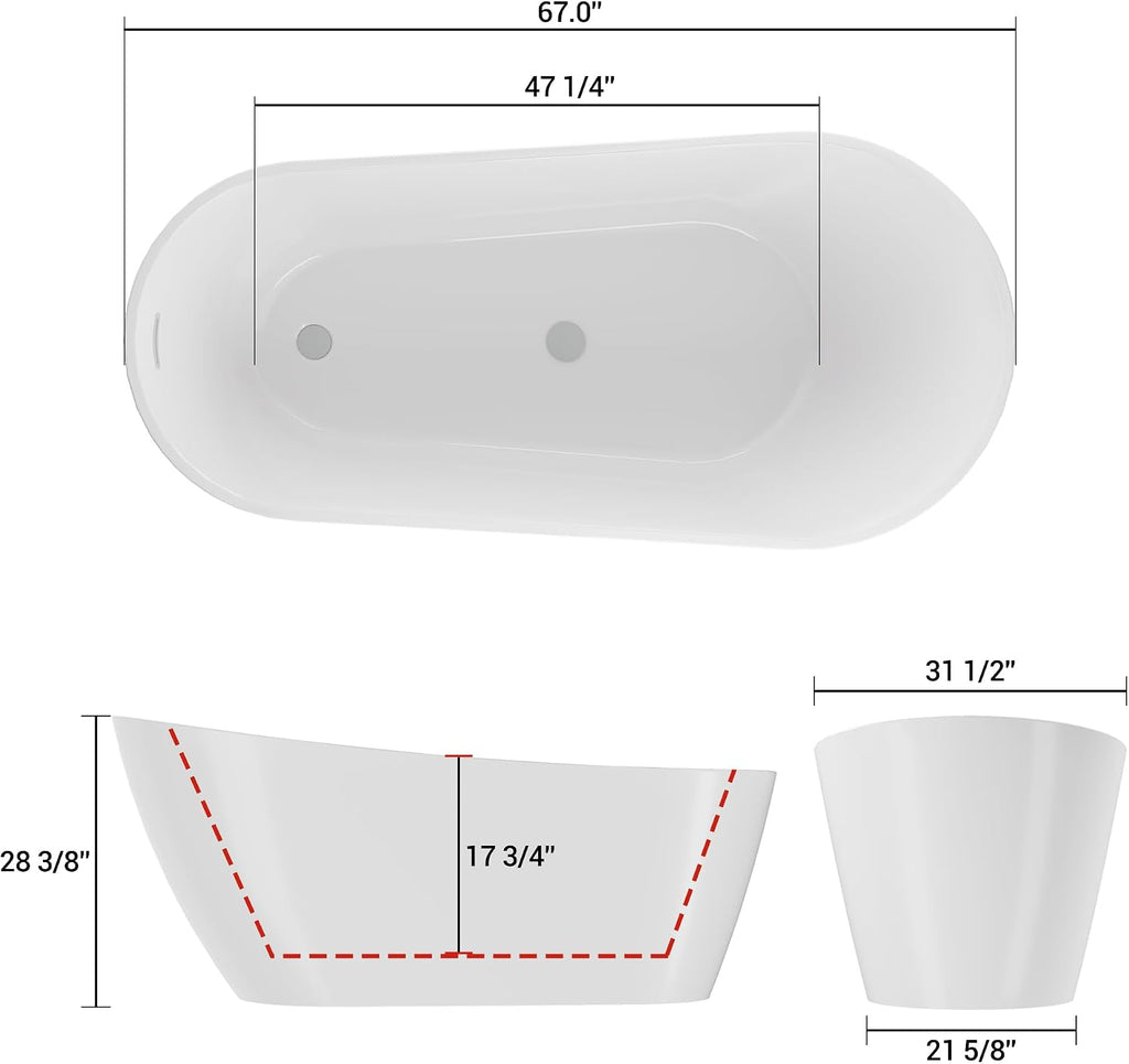 67 in Acrylic Freestanding Bathtub, Soaking Bathtub with Matte Drain and Overflow, Modern Square Tub with Deep Ergonomic Design and Double-Walled Insulation, Double-Walled Insulation, CUPC Certified